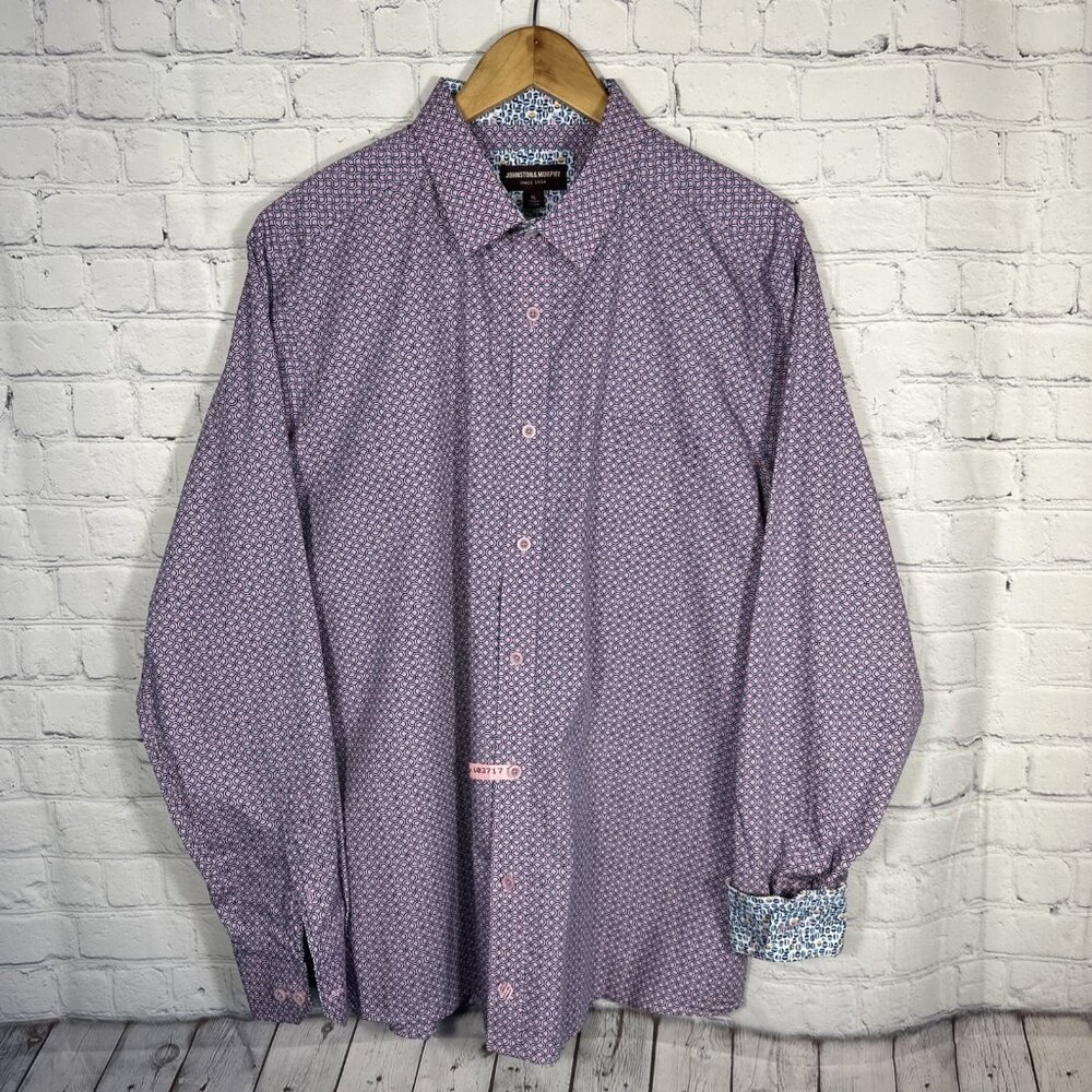 Johnston & Murphy Button-Down Shirt XL Mens Pink Geometric 100% Cotton 74-9215